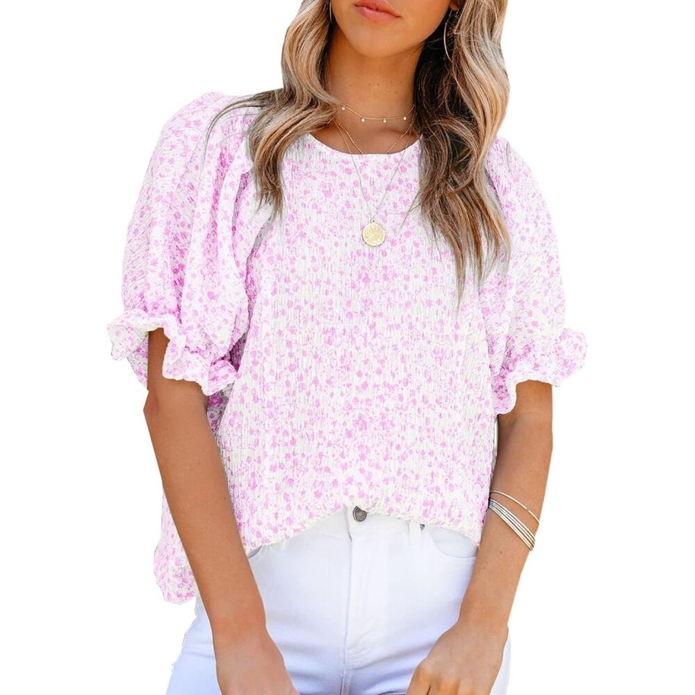 Women Pink Print Blouse Crewneck Smocked Puff Sleeve Shirt Casual Babydoll Top